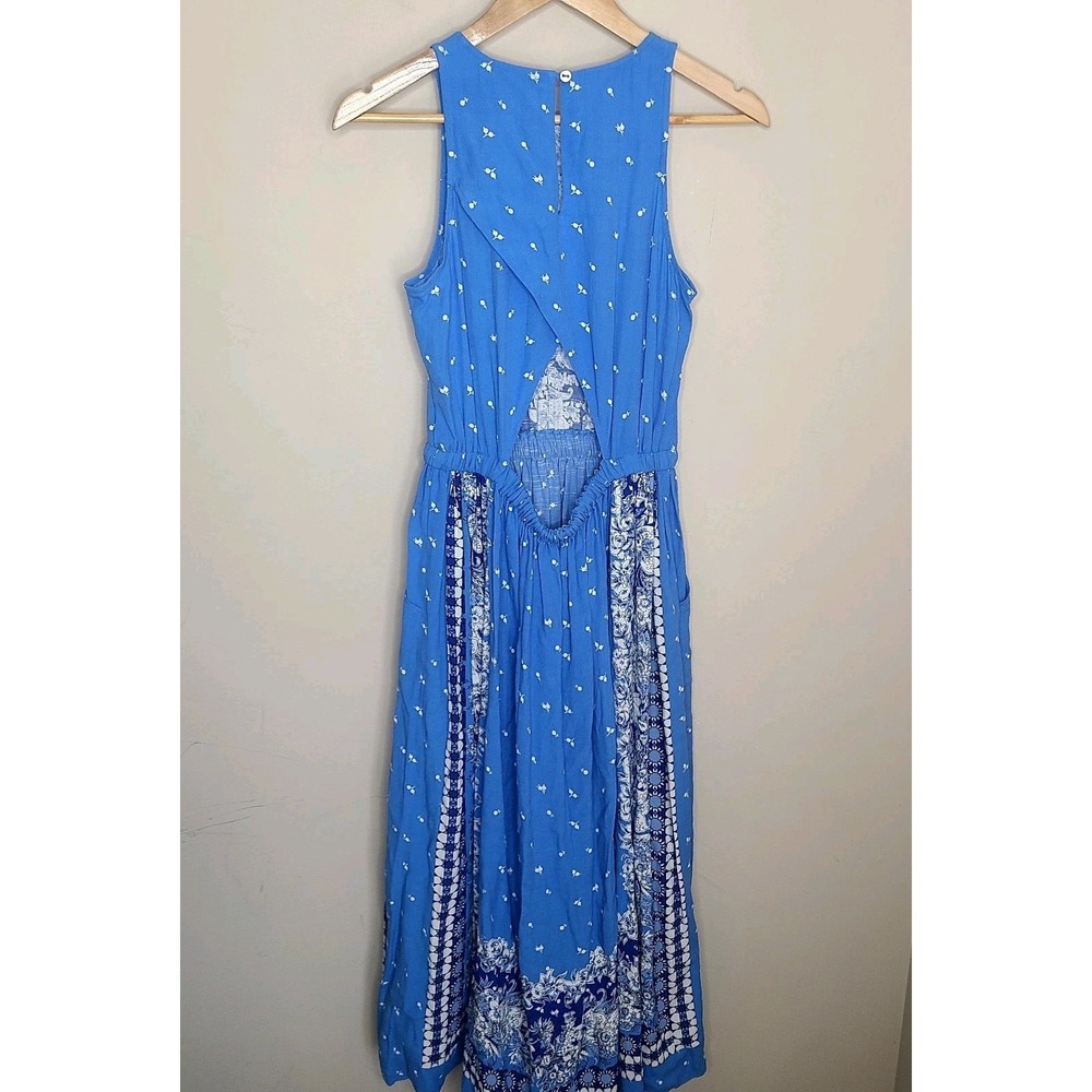 Loft Midi Dress XS Blue Floral Sleeveless Back Cut Out Pockets Drawstring - Picture 4 of 7